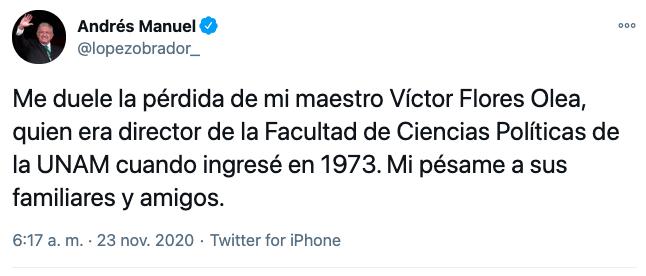 AMLO lamenta muerte del mexiquense Víctor Flores Olea