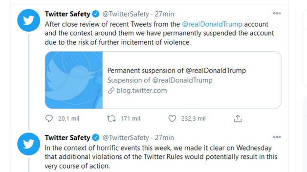 Twitter suspende de manera permanente la cuenta de Trump