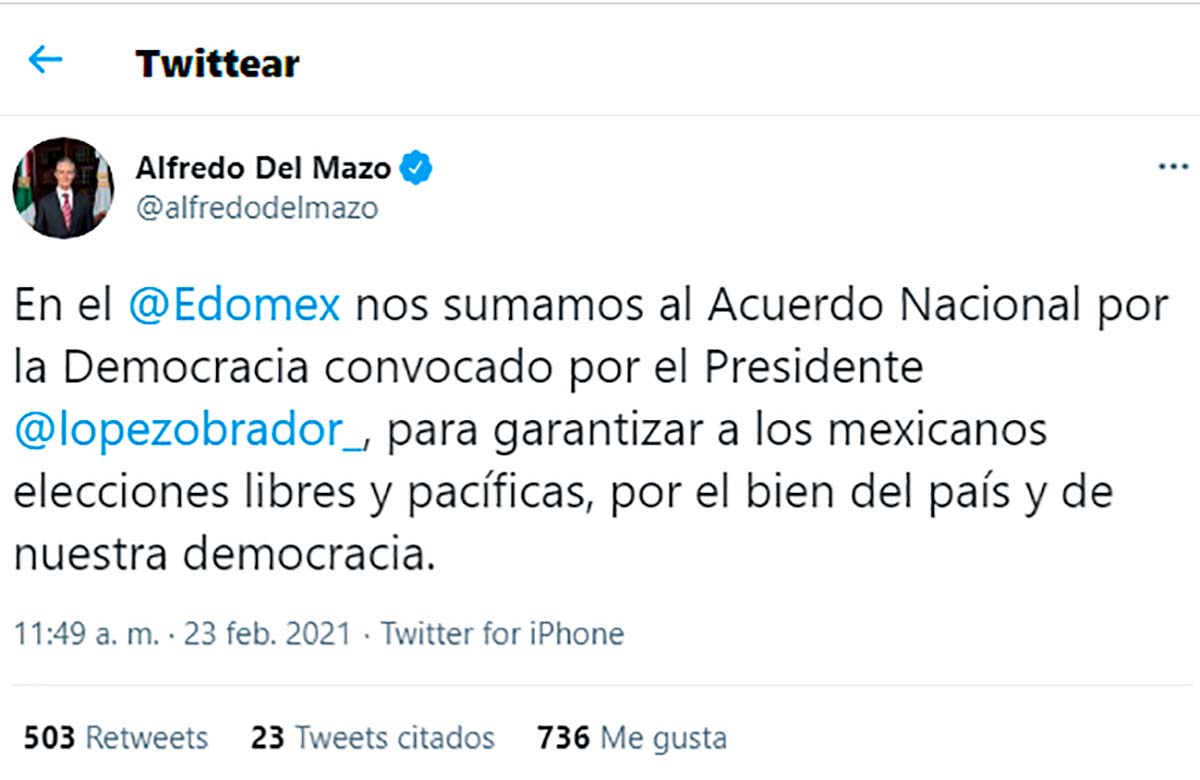 Del Mazo se suma al Acuerdo por la Democracia