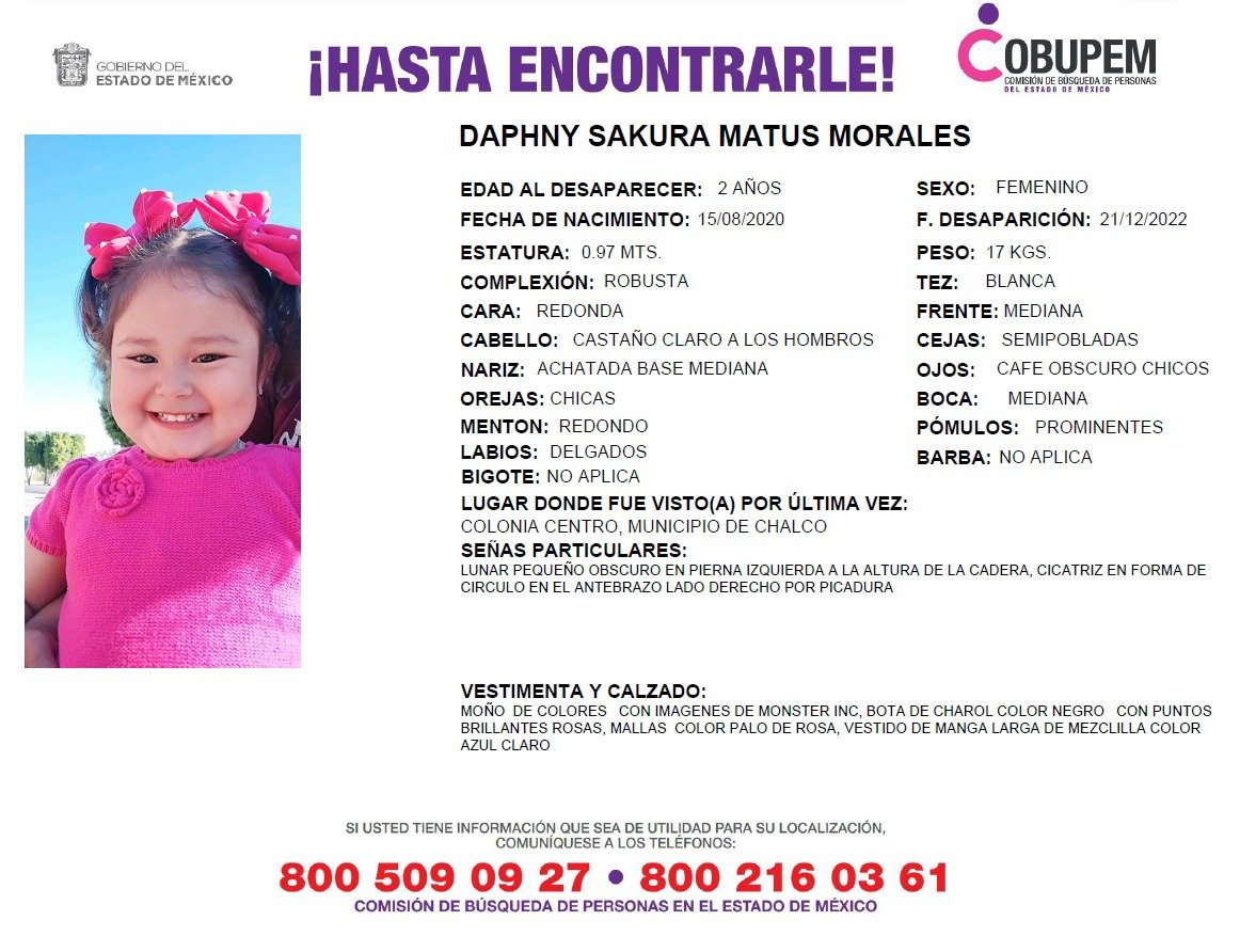 Buscan a la niña de dos años Daphny Sakura, su padre, un expolicía de Ixtapaluca se la llevó