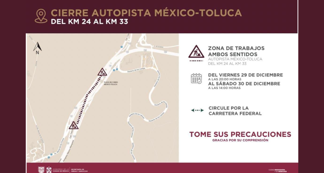 Cierre de Autopista México-Toluca, por obras del Tren Insurgente