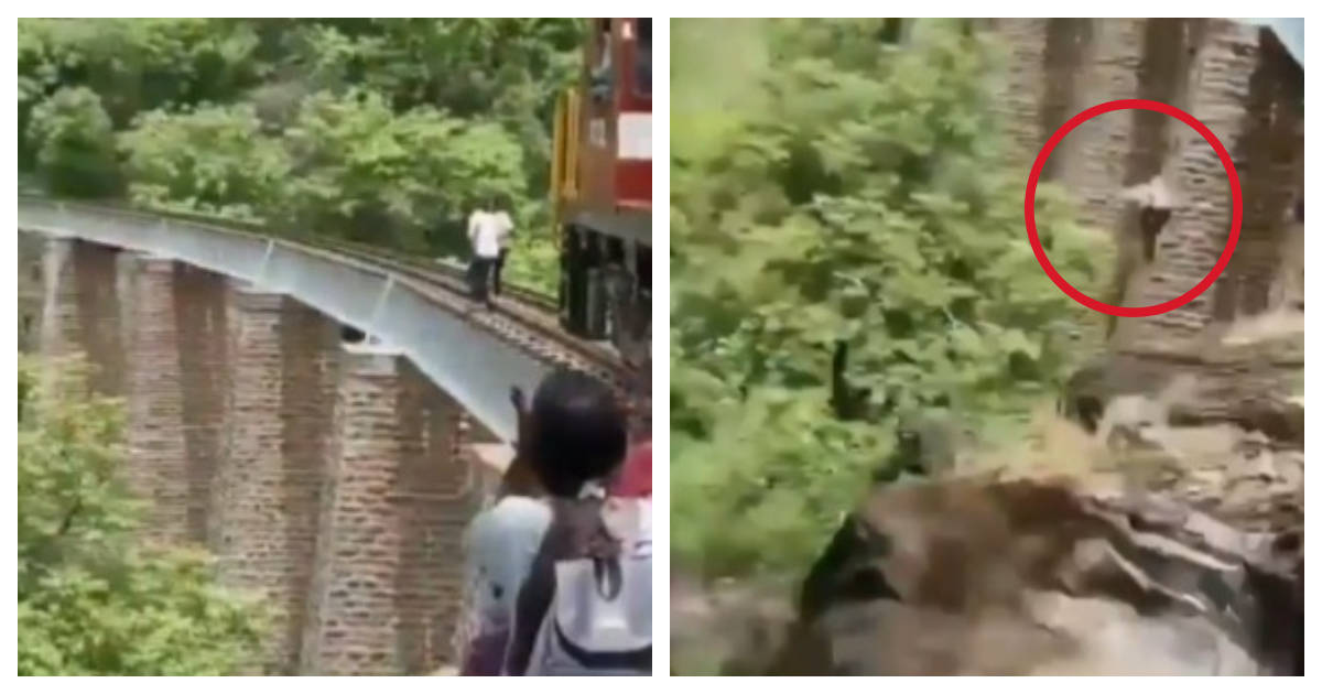 Captan VIDEO donde recién casados saltan de puente para no ser arrollados por tren