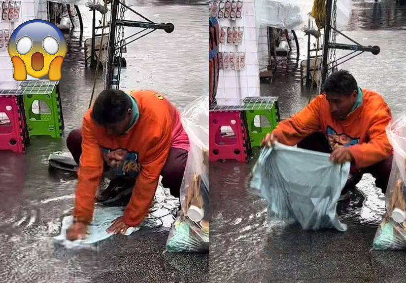 [VIDEO] Hombre aprovecha agua de lluvia para lavar su ropa… ¡en calle de CDMX!  