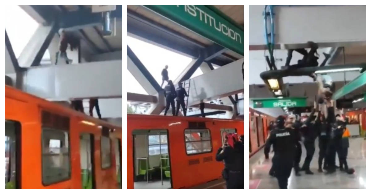 Hombre intenta arrojarse a las vías del Metro CDMX y VIDEO se hace viral por hazaña de policías