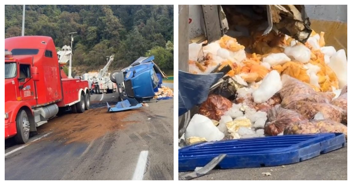 Un tráiler cargado con pollo crudo volcó en la autopista México-Cuernavaca.